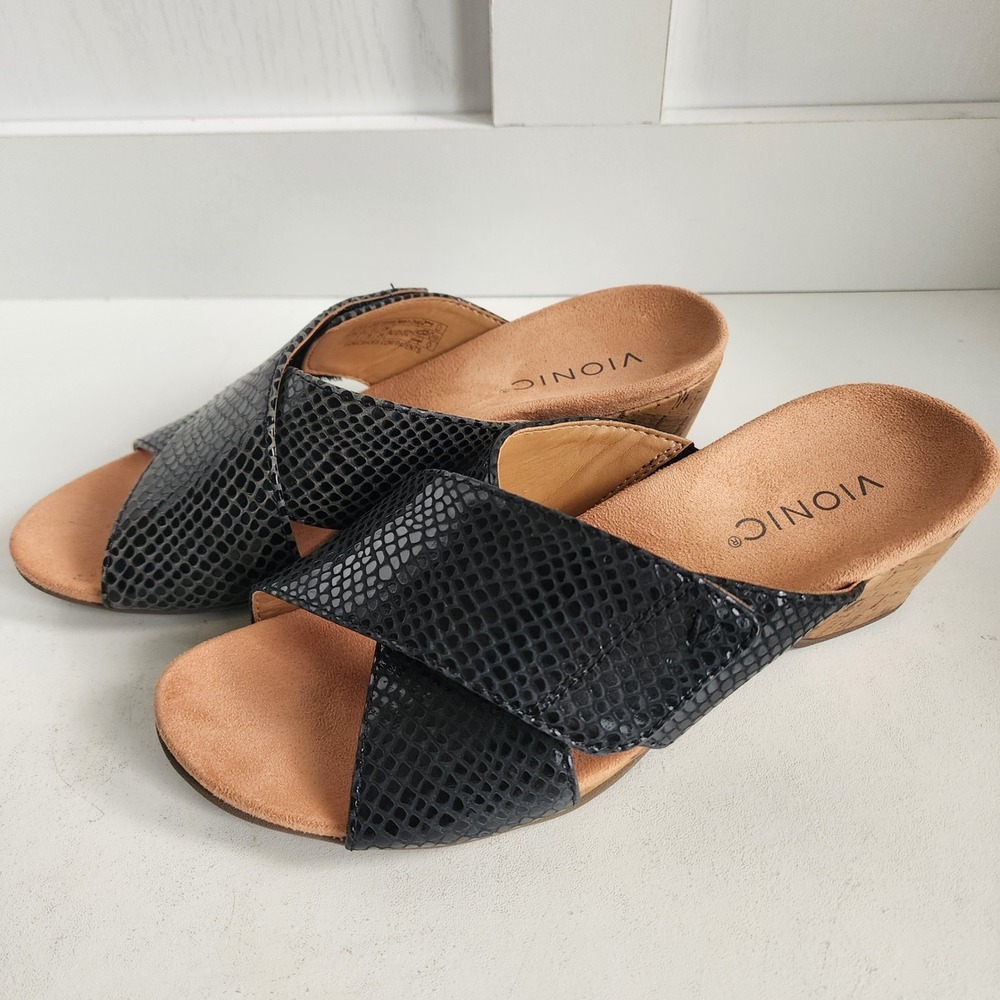 Vionic Leticia Black Snakeskin Embossed Leather Cork Wedge Slide Sandal Women 7